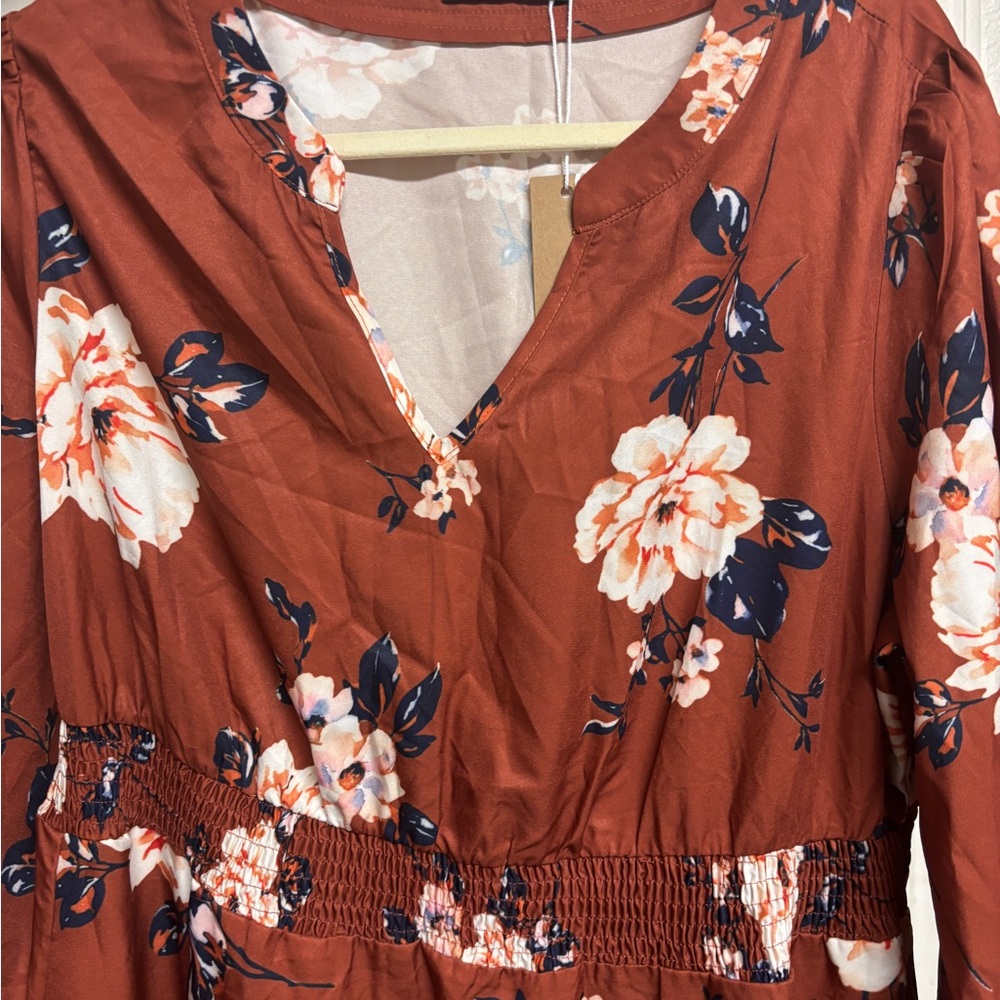 NWT Bloomchic Floral Rust Dress with V-Neck